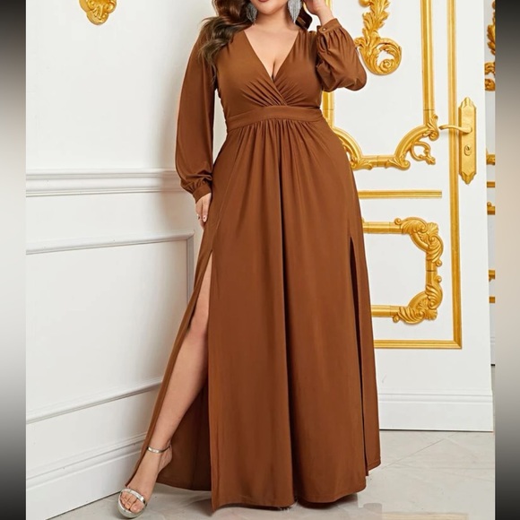 Luxe plus size bishop sleeve slit thigh party formal evening prom wedding dress - Picture 1 of 6